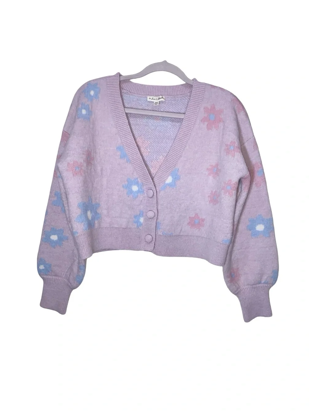 For Love & Lemons Lavender Floral Cropped Cardigan -‎ Pastel Knit Sweater - XS